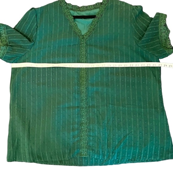 Plus size green v-neck, swiss dot, and lace chiffon top. - Picture 9 of 12